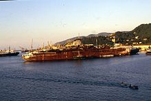 The burnt-out hull of Leonardo da Vinci at La Spezia before being scrapped, January 1982 "Leonardo da Vinci" - La Spezia, 1982.jpg