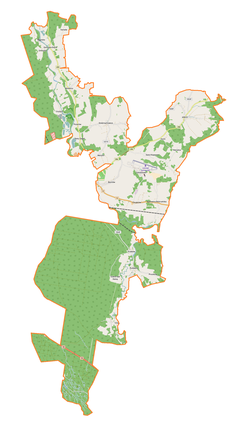 Mapa konturowa gminy wiejskiej Żagań, u góry po lewej znajduje się punkt z opisem „Miodnica”