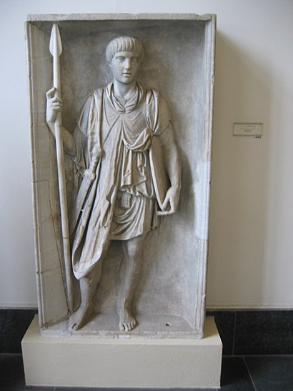 Bas-relief carving of a Roman legionary out of battle dress, c. 1st century AD (Pergamon Museum, Berlin)