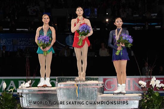 The ladies podium. From left: Joannie Rochette (2nd), Kim Yuna (1st), Miki Ando (3rd).