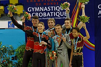 Yauheni Novikau and Ilya Rybinski at the 2014 Acrobatic Gymnastics World Championships. 2014 Acrobatic Gymnastics World Championships - Men's pair - Awarding ceremony 09.jpg