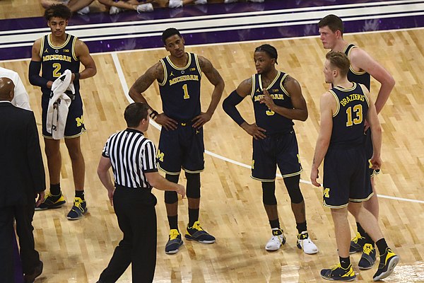 The starting five for the 2018–19 team (left to right, #2 Jordan Poole, #1 Charles Matthews, #3 Zavier Simpson, Jon Teske and #13 Ignas Brazdeikis)