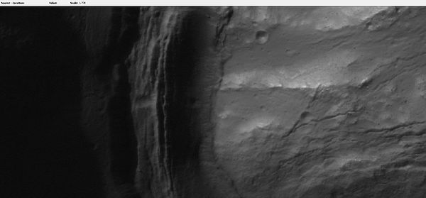Close-up of west edge of crater depression, as seen by HiRISE under HiWish program