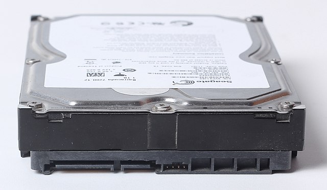 The end of a 3.5 inch hard disk drive with a Serial ATA (SATA) interface