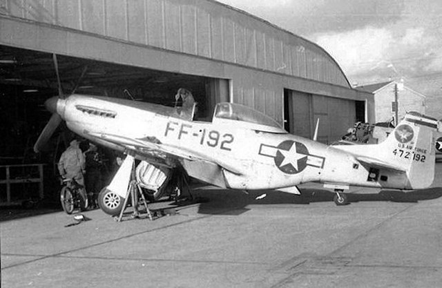3595th PTW F-51D c. 1950 at a Nellis hangar