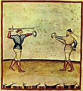 Борба мачем и штитом (мали штит), плоча из Tacuinum Sanitatis илустрована у Ломбардији, око 1390. године.
