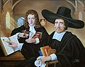 'School'. About 1652, Robert Hooke as a pupil at Westminster School, aged seventeen years. Dr. Richard Busby, the headmaster, wears his large hat. Hooke was researching ways of flying and holds a pet linnet. Oil on board by Rita Greer 2005.
