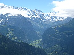View from the Schynige Platte up the Lauterbrunnen Valley, with the Ebnefluh, Mittaghorn, Grosshorn and Breithorn behind.