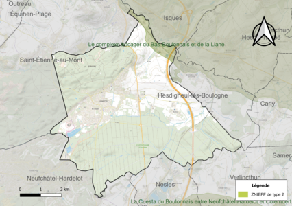 Carte de la ZNIEFF de type 2 sur la commune.