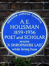 The Blue Plaque on Byron Cottage A.E. HOUSMAN 1859-1936 POET and SCHOLAR wrote A SHROPSHIRE LAD while living here.jpg
