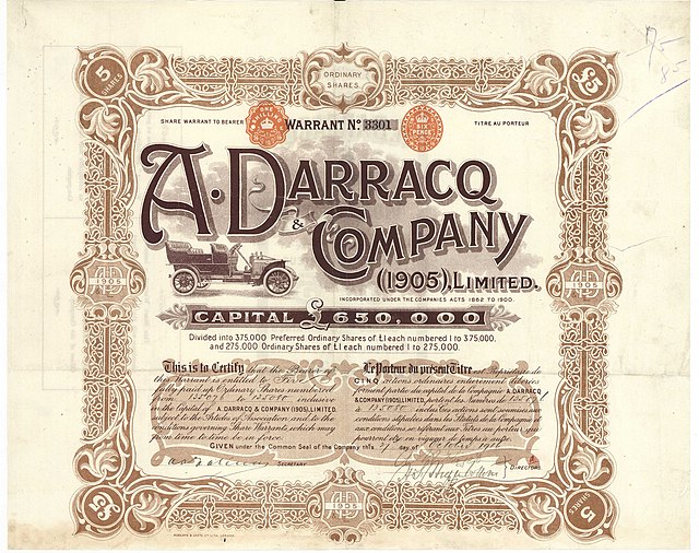 Share of the A. Darracq & Company (1905) Ltd., issued 21. October 1916