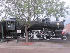 Former Atchison, Topeka, and Santa Fe railroad locomotive on display in Lamar
