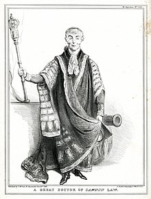 Cartoon of Arthur Wellesley, 1st Duke of Wellington, in the robes of the Chancellor of the University of Oxford. Punning on his military past and the Doctor of Canon Law degree, the caption calls him "a great doctor of cannon law." A great doctor of Cannon Law. (BM 1857,1222.62).jpg