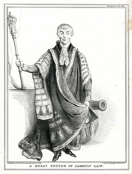Cartoon of Arthur Wellesley, 1st Duke of Wellington in the robes of the Chancellor of the University of Oxford. Punning on his military past and the Doctor of Canon Law degree, the caption calls him "a great doctor of cannon law."