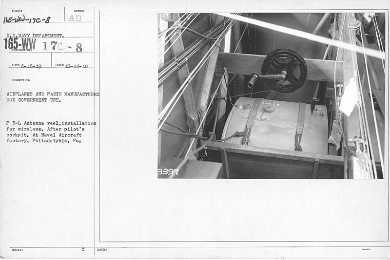 File:Airplanes - Radio Equipment - Airplanes and parts manufactured for government use. F 5-L Antenna reel, installation for wireless. After pilot's cockpit. At Naval Aircraft Factory, Philadelphia, PA. U.S. Navy Department - NARA - 17341081.jpg