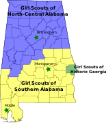 Kart over Girl Scout Councils i Alabama