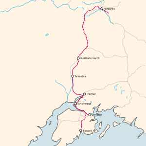 Alaska Railroad route(interactive version)4 ft 8+1⁄2 in (1,435 mm) gauge tracks, paved roads