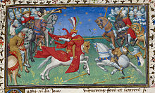 Alexander unhorsing Porrus - British Library Royal MS 20 B xx f53r (detail).jpg