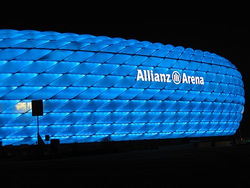 Illuminated exterior of the Allianz Arena