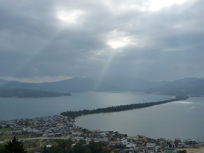 File:Amanohashidate, Japan, sun rays and clouds.jpg