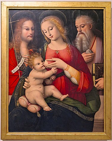 Madonna with Infant, John the Baptist, and Hieronymus, Museo d'Arte Sacra della Val d'Arbia, Buonconvento, Siena Andrea del Brescianino - Madonna che allatta il Bambino e i Santi Giovanni Battista e Girolamo.jpg