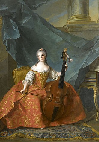 A painting showing a woman of the 18th century playing the viola da gamba without an endpin. Anne Henriette de France.jpg