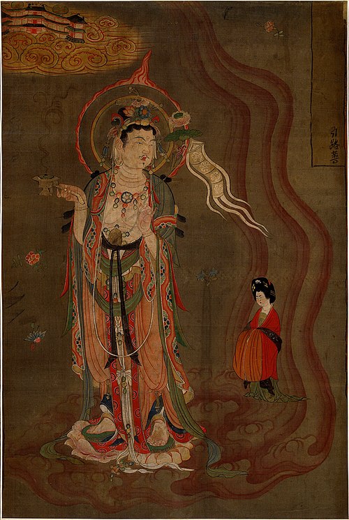 Bodhisattva leading a lady donor towards the Pure Lands. Painting on silk (Library Cave), Late Tang.