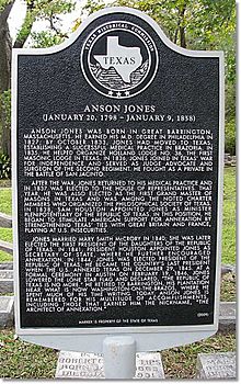 Texas Historical Commission marker located in Glenwood Cemetery (Houston, Texas) commemorating the many important contributions made by Republic of Texas President Anson Jones to the history of Texas. Anson Jones Texas Historical Commission Marker.JPG