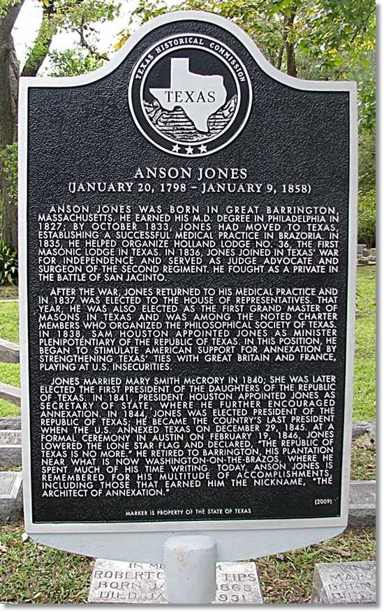 Texas Historical Commission marker located in Glenwood Cemetery (Houston, Texas) commemorating the many important contributions made by Anson Jones to