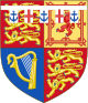 Quarterly, 1st and 4th Gules three lions passant guardant in pale Or armed and langued Azure (for England), 2nd quarter Or a lion rampant within a double tressure flory-counter-flory Gules (for Scotland), 3rd quarter Azure a harp Or stringed Argent (for Ireland), with over all a label of five points Argent, the first, third and fifth points charged with a anchor Azure, and the second and fourth points with a cross Gules.