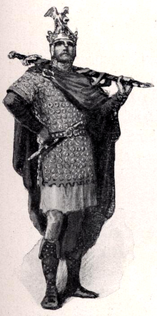 Arthur in William Henry Margetson's illustration for Legends of King Arthur and His Knights (1914) Arthur by W. H. Margetson.png