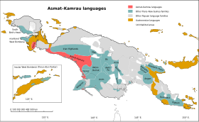 Distribution af Asmat-Kamoro-sprogene i Ny Guinea i rødt på kortet.