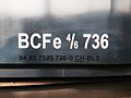 動態保存されたBCFe4/6 736号機の形式標記、下部にUIC方式の形式名BCFe595形の形式機番が入る