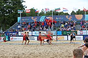 Deutsch: Beachhandball Europameisterschaften 2019 (Beach handball Euro); Tag 6: 7. Juli 2019 – Spiel um Platz Drei, Männer, Ungarn-Russland 2:0 (26:20, 23:22) English: Beach handball Euro; Day 6: 7 July 2019 – Men's Bronze Medal Match – Hungary-Russia 2:0 (26:20, 23:22)