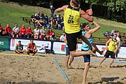 Deutsch: Beachhandball Europameisterschaften 2019 (Beach handball Euro); Tag 1: 2. Juli 2019 – Männer, Vorrunde Gruppe A, Deutschland-Norwegen 2:0 (22:14, 22:20) English: Beach handball Euro; Day 1: 2 July 2019 – Men Preliminary Round Group A – Germany-Norway 2:0 (22:14, 22:20)