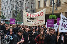 Access to abortion services varies considerably throughout the world, with the status of related rights being an active and major political topic in many nations. Black March in support of abortion rights, Lodz October 2nd 2016 33.jpg