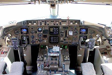 Two-crew cockpit of a Condor 757-300 with CRT displays