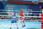 Deutsch: Boxen bei den Olympischen Jugendspielen 2018 Tag 12, 18. Oktober 2018 - Finale Leichtgewicht Mädchen – Oriana Saputo (Argentinien, blau) schlägt Emma Lawson (Australien, rot) 5-0; Ringrichter ist José Romero (Spanien). English: Boxing at the 2018 Summer Youth Olympics on 18 October 2018 – Girls' lightweight Bronze Medal Bout – Oriana Saputo (Argentina, blue) wins over Emma Lawson (Australie, red) 5-0; Referee is José Romero (Spain). Español: Boxeo en los Juegos Olímpicos Juveniles de Verano de 2018 en 18 de octubre de 2018 - Combate de medalla de bronce de las niñas: Oriana Saputo (Argentina, azul) gana a Emma Lawson (Australie, roja) 5-0; Árbitro es José Romero (España).