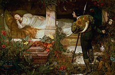 Stock characters play an important role in fiction, including in fairy tales, which use stock characters such as the damsel in distress and Prince Charming (pictured is Sleeping Beauty). Brewtnall - Sleeping Beauty.jpg