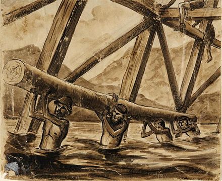 Bridge over the River Kwai by Leo Rawlings, a POW who was involved in the line's construction (sketch dated to 1943). It depicts four POWs, waist-deep in the water, carrying a large log during the first bridge's construction.