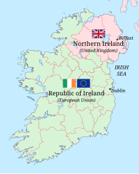 The border between the United Kingdom and the European Union in Ireland. British-European Union frontier in Ireland.svg