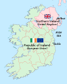 This simple map shows the island of Ireland, with the border between the Republic of Ireland and Northern Ireland.