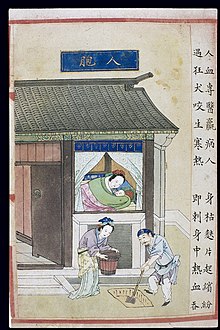 Pregnancy custom in China. Burying the placenta. "It was believed that placing the placenta in a pit in the doorway helped the child to become healthy, powerful, strong, wise and unafraid of strangers. " Burying the placenta, C16 Chinese painted book illustration Wellcome L0039985 Burying the placenta, C16 Chinese painted book illustration Wellcome L0039985.jpg