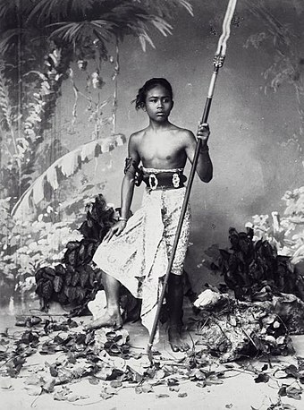 19th-century studio portrait of a native Javanese warrior with an iron kris-tipped spear (a tombak). The Javanese forces consisted mostly of lightly armored troops like this.