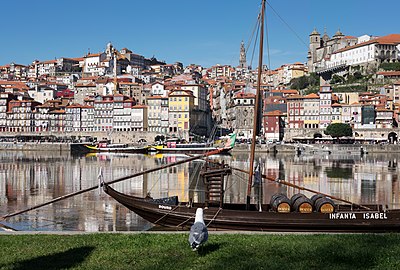 Cais da Ribeira seen from across the river, with a rabelo boat and a gull in the foreground, Porto, Portugal