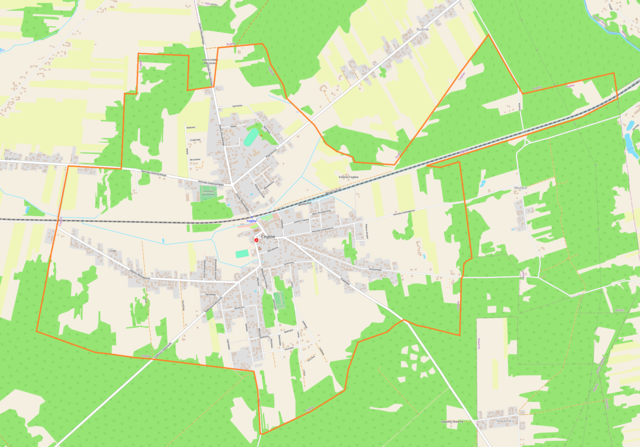 Mapa konturowa Cegłowa, w centrum znajduje się punkt z opisem „Kościół świętego Jana Chrzciciela”