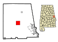 This map shows the incorporated and unincorporated areas in Chambers County, Alabama, highlighting La_Fayette in red. It was created with a custom script with US Census Bureau data and modified with Inkscape.
