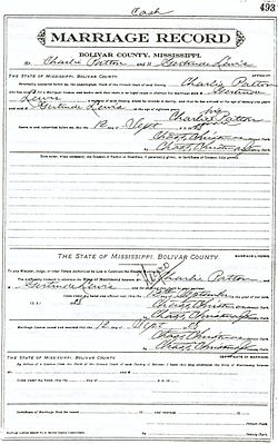 Certificat de mariage de Charley Patton et Gertrude Lewis (1908).