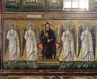 Mosaico bizantino de San Apolinar el Nuevo, Rávena, siglo VI. Cristo se representa entronizado, bendiciendo con su mano derecha y sosteniendo un cetro con su mano izquierda (la bendición más frecuente en la tradición bizantina es con dos dedos, el índice y el cordial).