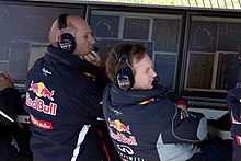 Intercom used for team and driver communication in Formula One Christian Horner and Adrian Newey 2013 Catalonia test (19-22 Feb).jpg